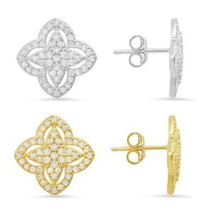 925 Silver/Gold Pave Diamond CZ Floral Stud Earrings